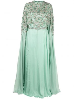 Jedwabna sukienka wieczorowa z kryształkami Dina Melwani zielona