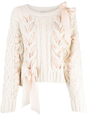 Chunky пуловер с връзки с дантела Loveshackfancy бяло