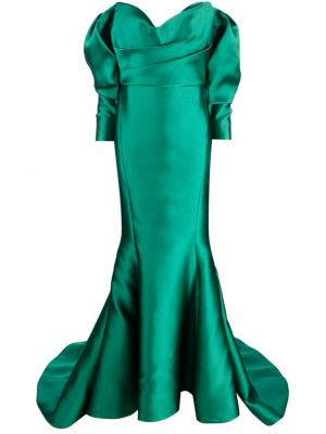 Hedvábné saténové večerní šaty z nylonu Marchesa - zelená