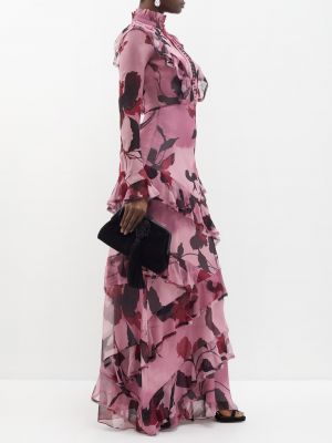 Платье в цветочек с принтом с рюшами Erdem розовое