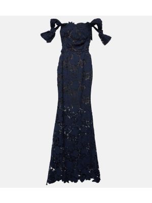 Čipkované kvetinové dlouhé šaty Oscar De La Renta modrá