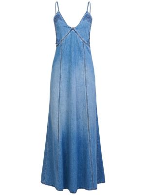 Bavlněné lněné dlouhé šaty s výšivkou Chloé modré