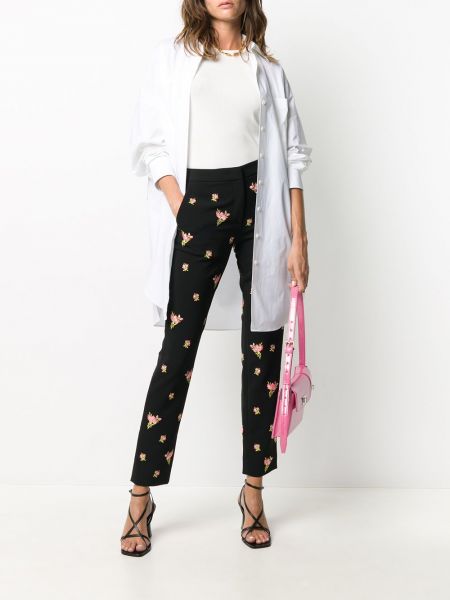 Pantalones rectos con bordado de flores Moschino negro