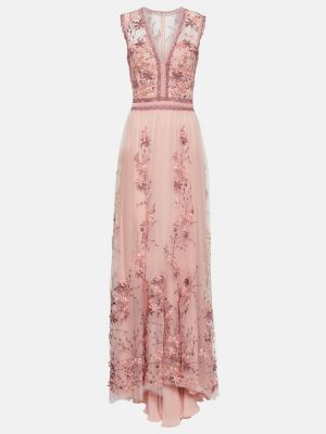 Tüll hímzett hosszú ruha Costarellos rózsaszín