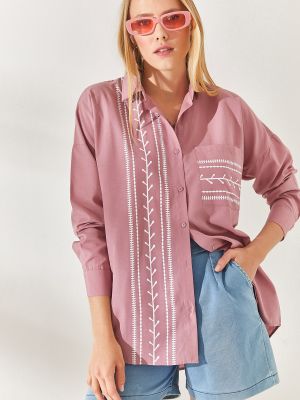 Pletená košeľa s potlačou s vreckami Olalook ružová