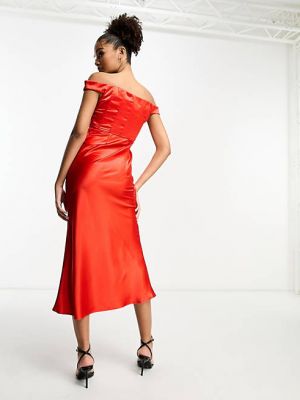 Красное атласное платье миди с корсетом и отделкой Rare London