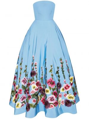 Haftowana sukienka koktajlowa w kwiatki Oscar De La Renta niebieska
