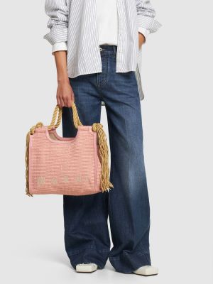 Βαμβακερή τσάντα shopper από λυγαριά Marni ροζ