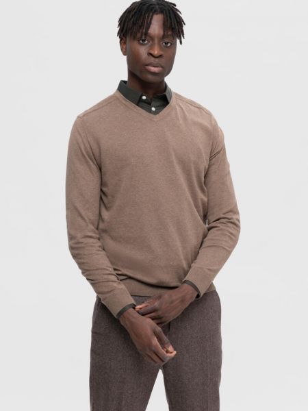 Хлопковый свитер с v-образным вырезом Selected коричневый