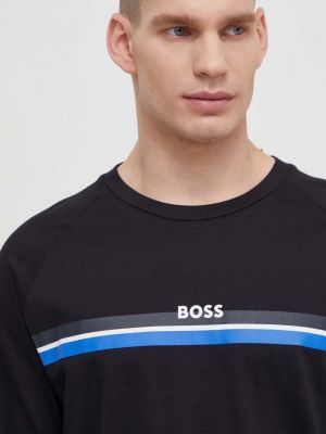 Bavlněné tričko s dlouhým rukávem s potiskem s dlouhými rukávy Boss černé