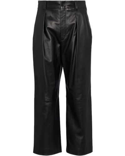 Pantaloni cu picior drept cu talie înaltă din piele Saint Laurent negru