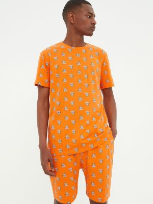 Pletené priliehavé pyžamo s potlačou Trendyol oranžová