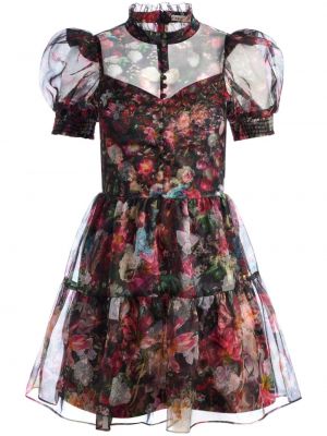 Koktel haljina s cvjetnim printom s printom Alice + Olivia crna