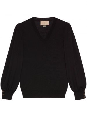 Копринен вълнен пуловер с v-образно деколте Gucci черно