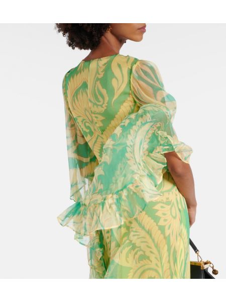 Jedwabna sukienka długa z falbankami Etro zielona