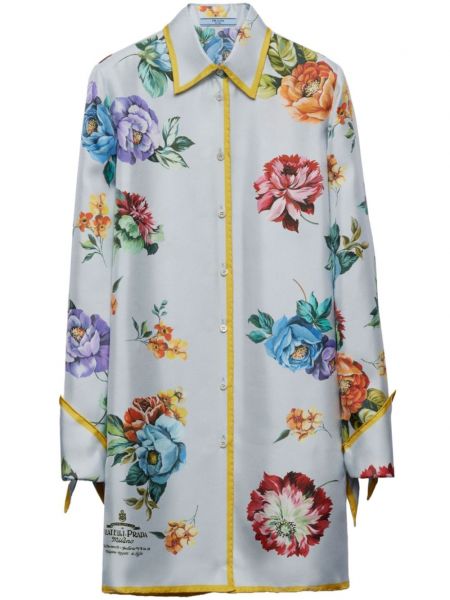 Svilena srajčna obleka s cvetličnim vzorcem s potiskom Prada