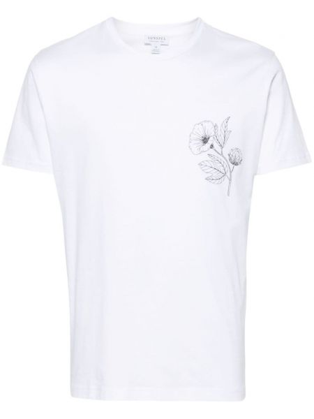 Kvetinové bavlnené tričko s potlačou Sunspel biela