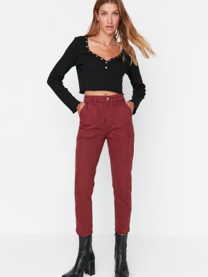 Jeansy z wysoką talią z kieszeniami Trendyol czerwone