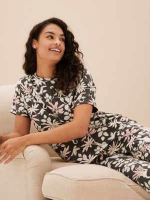 Womens M&S Collection Cotton Rich Jungle Print Cropped Pyjama Set - Dark Grey, Dark Grey M&s Collection