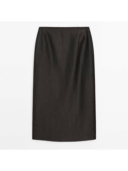 Льняная атласная юбка Massimo Dutti черная