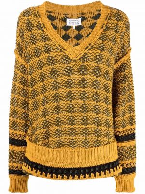 Vlněné dlouhý svetr s potiskem s výstřihem do v Maison Margiela - žlutá