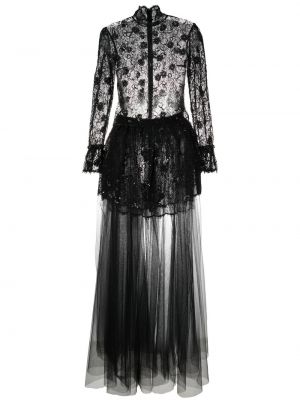 Мрежеста коктейлна рокля с пайети от тюл Dina Melwani черно