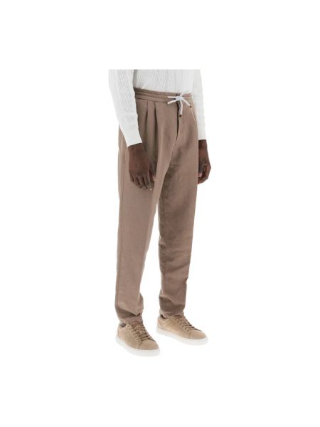 Lniane proste spodnie bawełniane Brunello Cucinelli brązowe
