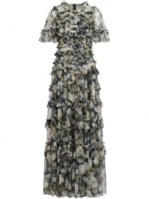 Вечерна рокля на цветя с принт Needle & Thread черно
