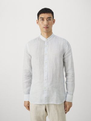 Рубашка с жемчугом слим с длинным рукавом 120% Lino синяя