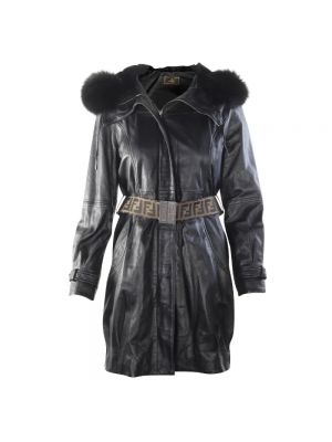 Płaszcz z paskiem skórzany retro Fendi Vintage czarny