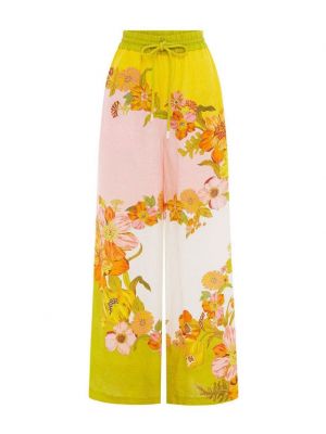 Lanene hlače s cvetličnim vzorcem s potiskom Alemais rumena