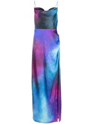 Hedvábné večerní šaty na zip s potiskem Retrofete - modrá