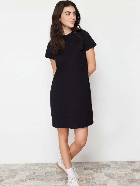 Pletené bavlněné mini šaty s krátkými rukávy Trendyol černé
