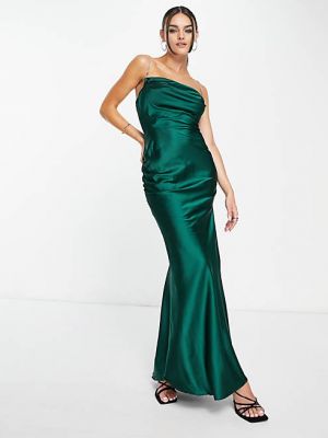 Зеленое атласное платье макси Rare London с бретелями из бриллиантов
