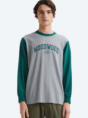 Памучна тениска с дълъг ръкав с принт с дълъг ръкав Wood Wood сиво