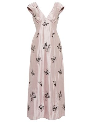 Satynowa haftowana sukienka midi z granatem Erdem różowa