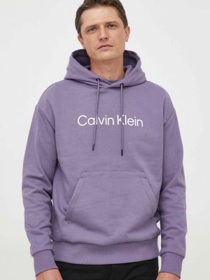 Bavlněná mikina s kapucí s aplikacemi Calvin Klein fialová