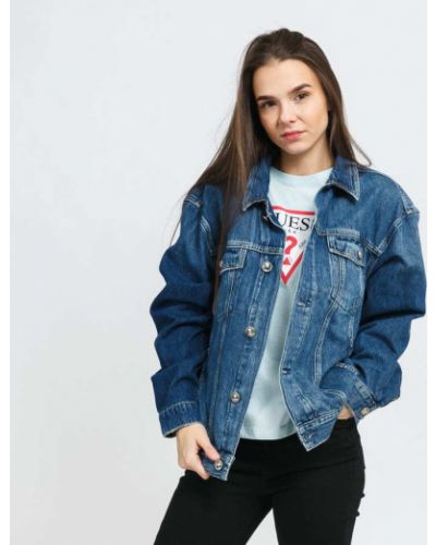 Bavlněná džínová bunda s knoflíky s kapsami Guess - modrá