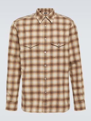 Bombažna srajca s karirastim vzorcem Tom Ford rjava