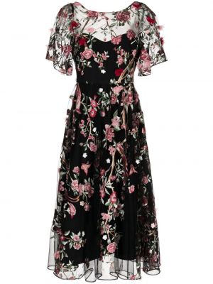Midi haljina s vezom s cvjetnim printom Marchesa Notte crna