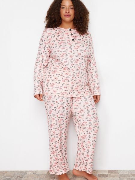 Dzianinowa piżama na guziki w kwiatki Trendyol różowa