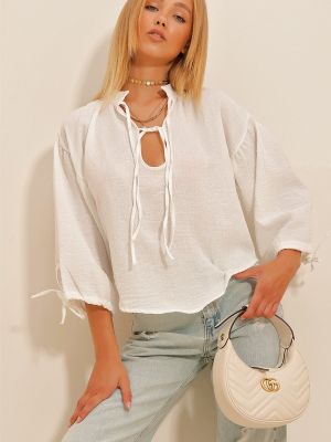 Ленена блуза с буфан ръкави Trend Alaçatı Stili бяло