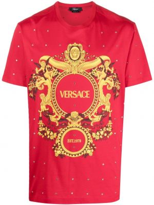 Тениска с принт с кристали Versace червено