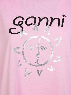 Памучна тениска с принт от джърси Ganni розово