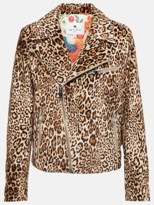 Kožená bunda s potlačou s leopardím vzorom Etro čierna