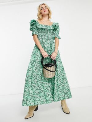 Платье миди в цветочек с принтом с пышными рукавами Reclaimed Vintage зеленое