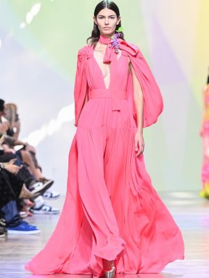 Rochie lunga de mătase din șifon plisată Elie Saab roz