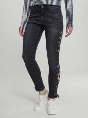 Čipkované šnurovacie skinny fit džínsy Urban Classics čierna