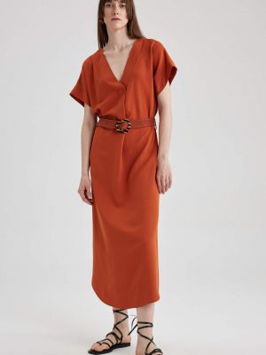 Λινή μίντι φόρεμα με λαιμόκοψη v με κοντό μανίκι Defacto κόκκινο