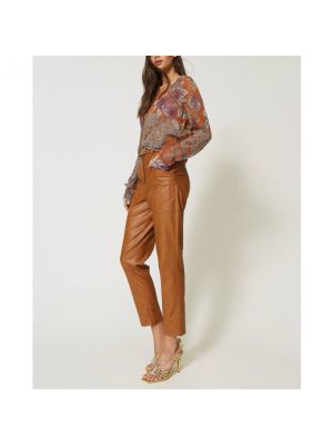 Pantalones rectos de cuero con hebilla Twinset marrón
